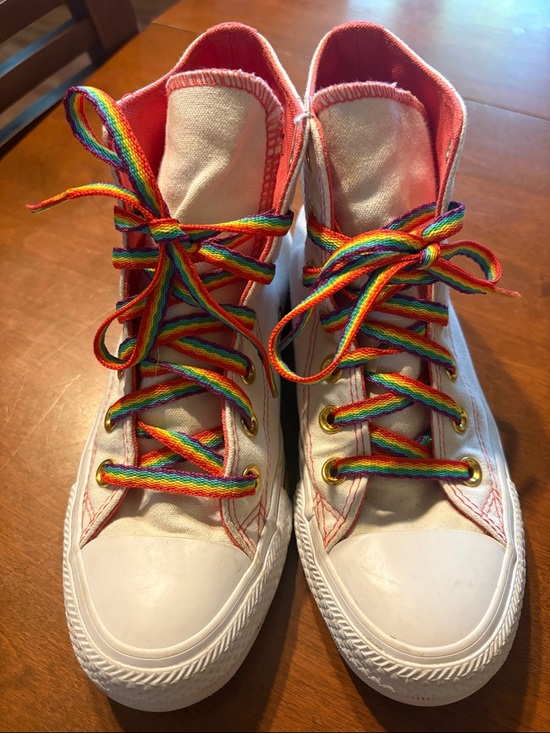 Converse Shoes - Converse White High-Top Sneakers with Pink Trim and Rainbow Laces